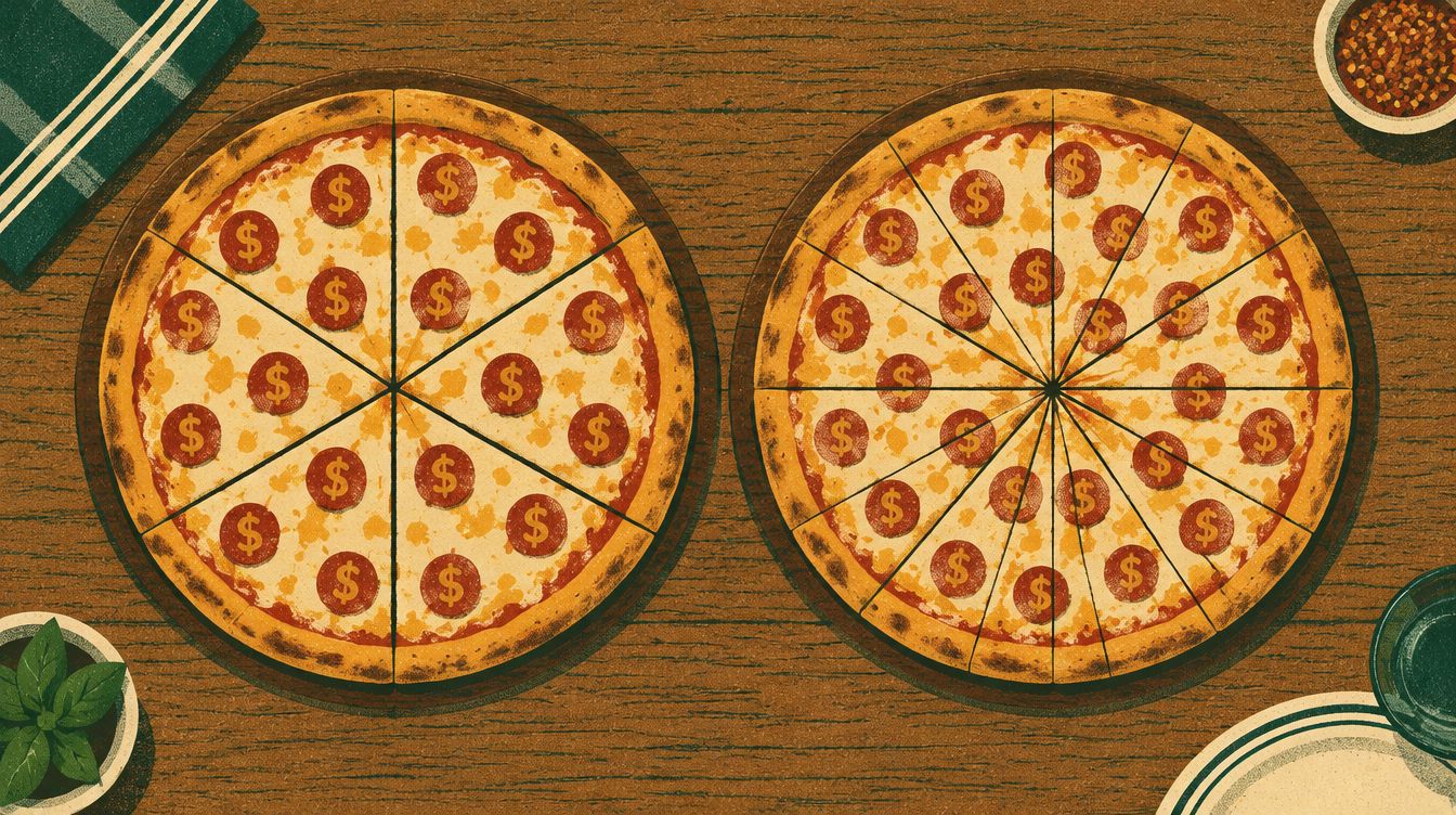Two same-size pizzas, one cut into 8 slices and one into 12