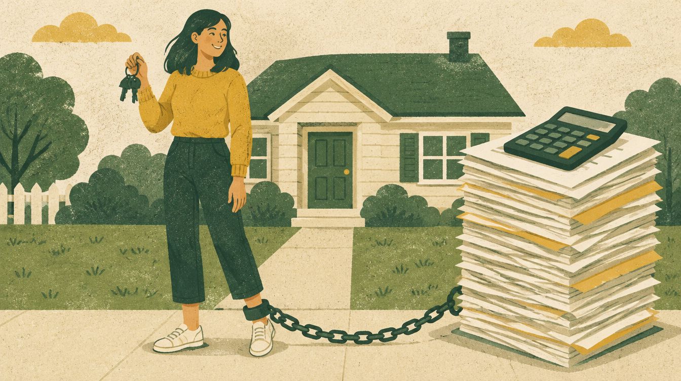 A young woman holds house keys, chained to a tall stack of loan papers