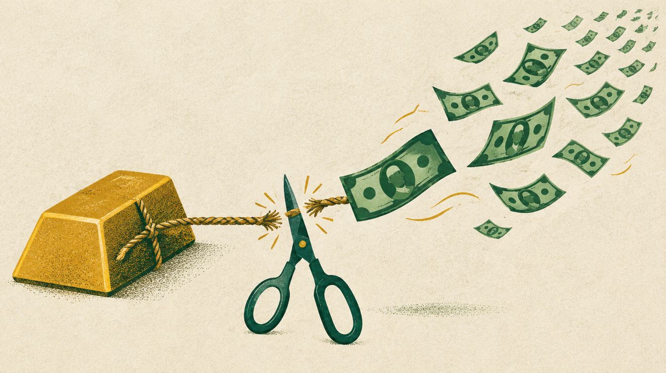 Scissors cut the rope tying a dollar bill to a gold bar, and the bill multiplies as it floats away
