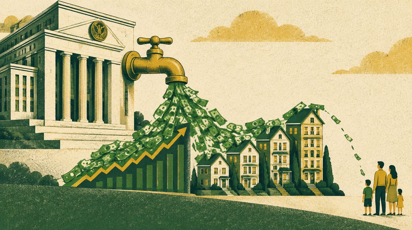 A faucet on the central bank pours money into a rising stock chart and growing houses, with only a trickle reaching a family