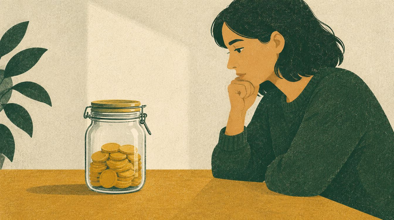 A thoughtful person looks at a sealed jar holding a fixed number of gold coins