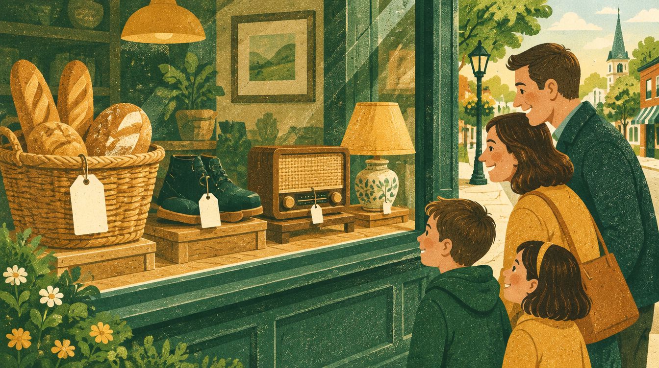 A family looks into a shop window where the price tags get smaller from left to right