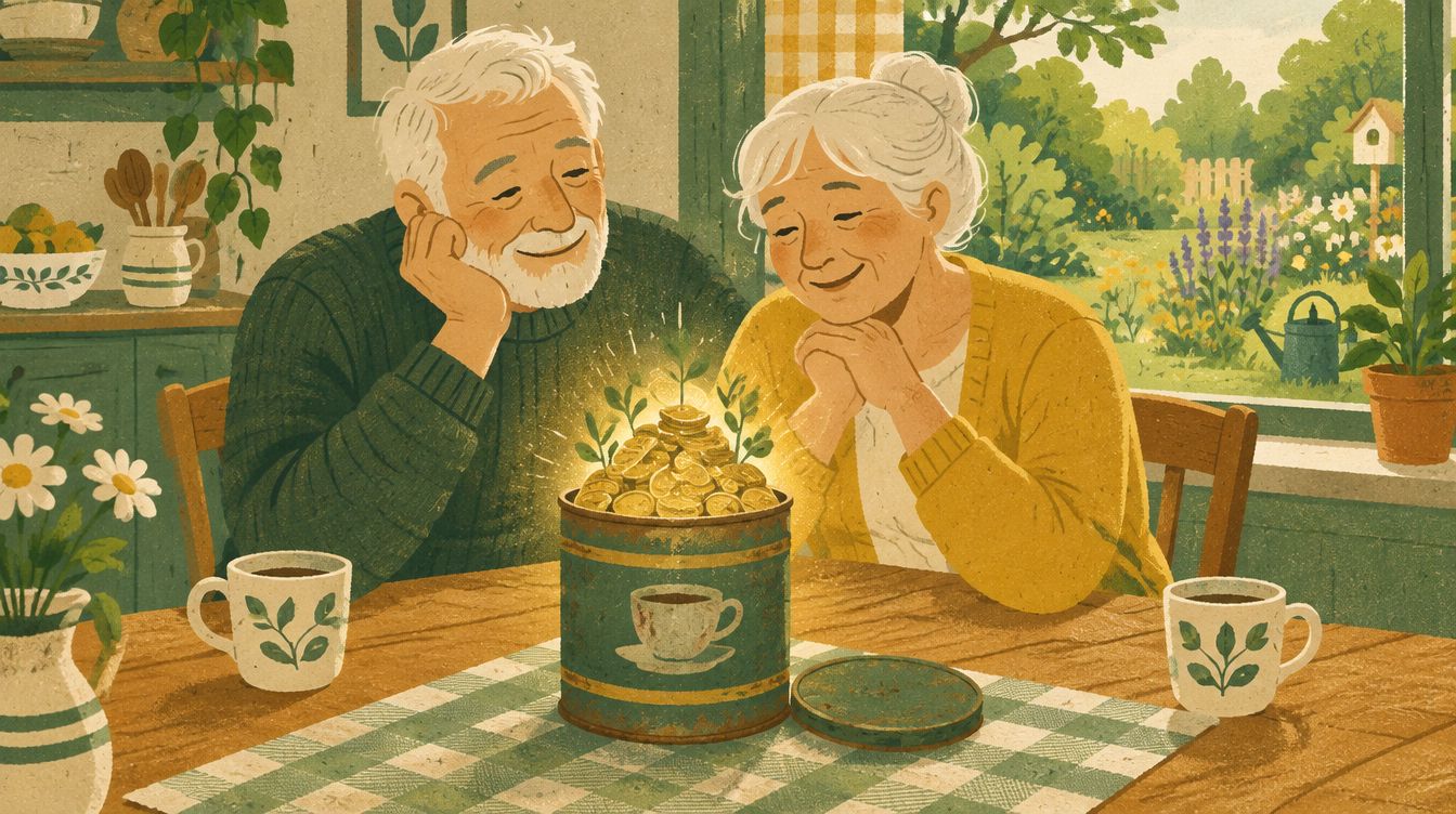 An older couple smiles at a coffee can of coins that glows and grows