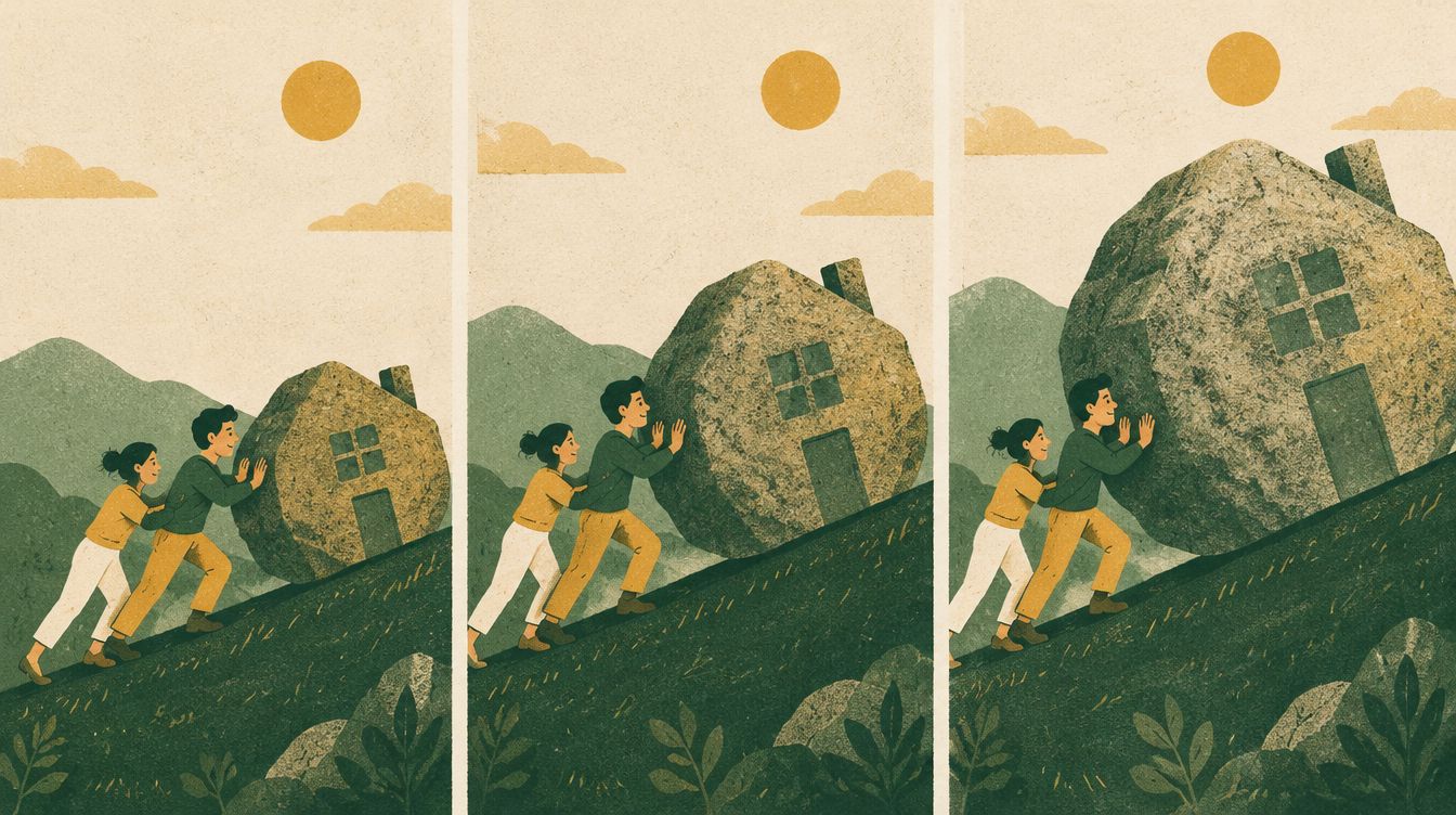 A young couple pushes a house-shaped boulder uphill as it grows larger