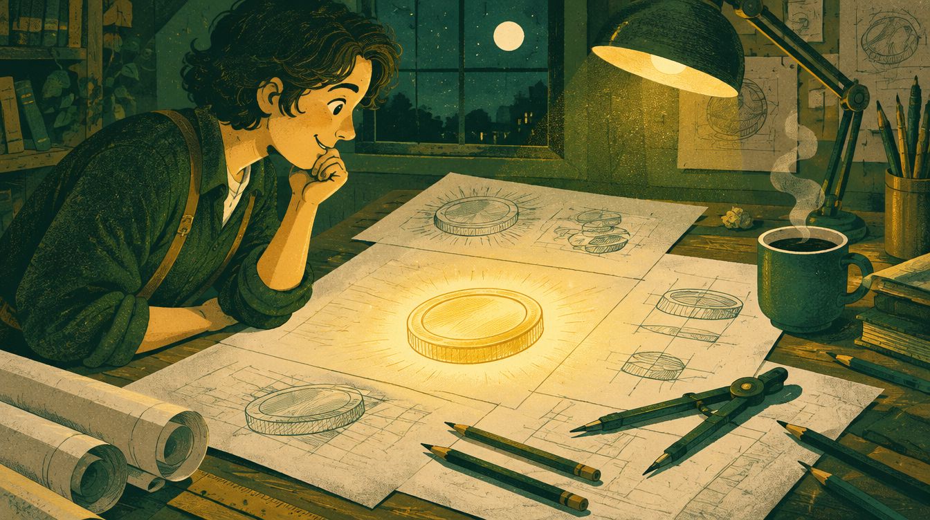 An inventor's drafting table at night covered in sketches of a glowing coin