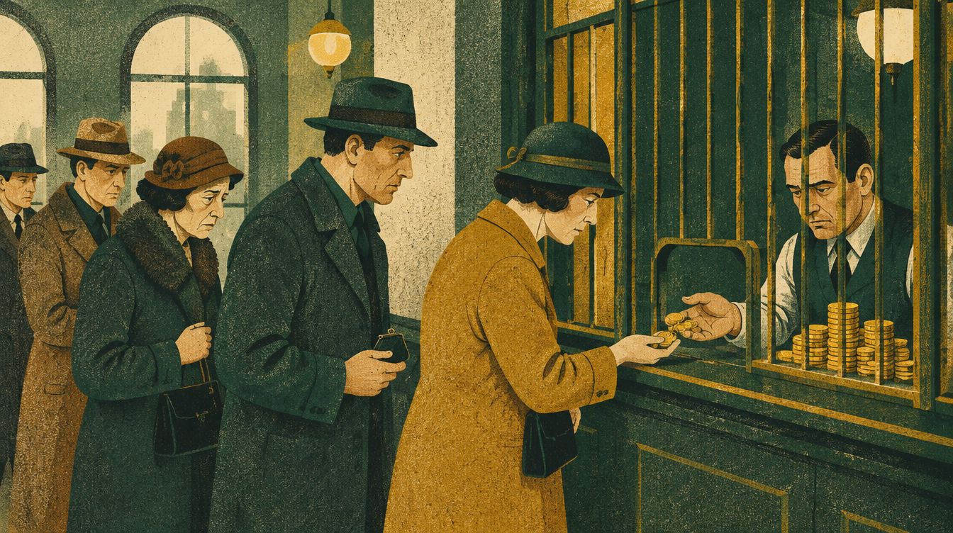 People in 1930s coats hand gold coins through a barred bank window