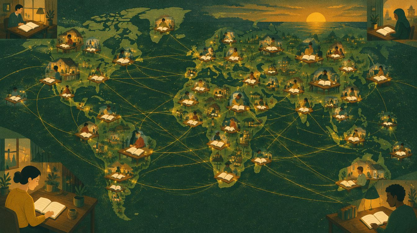 Thousands of identical glowing notebooks in homes around the world, linked by threads of light