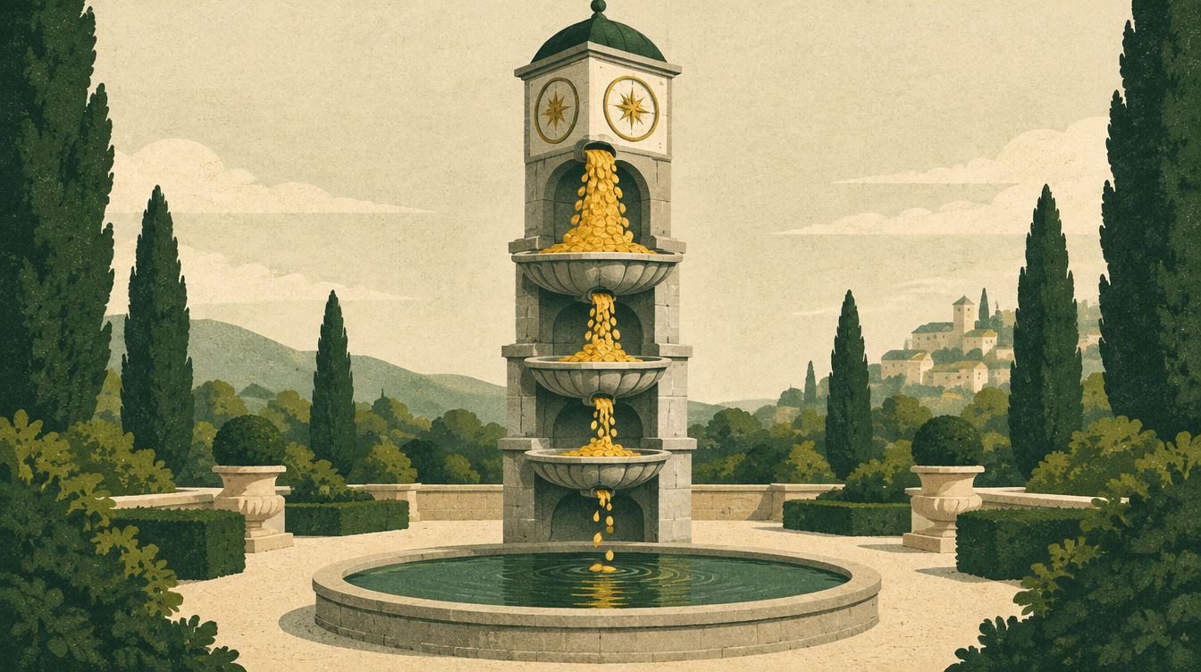 A tiered fountain where each lower tier pours half as many coins as the one above
