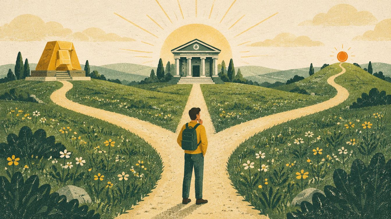 A person at the start of three paths leading to a gold bar, a bank, and a glowing orange coin